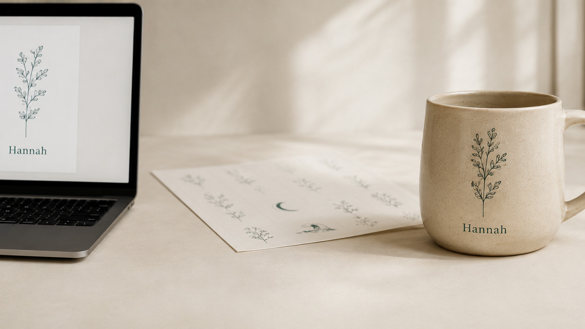 Entwurf am Bildschirm, daneben der gedruckte Bogen und die fertige Tasse