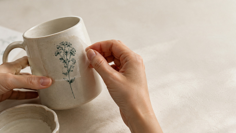 Ein Motiv wird auf eine Tasse aufgebracht
